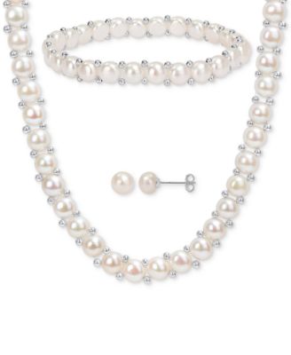 Macy's - 3-Pc. Set Cultured Freshwater Pearl (6-7-1/2mm) Beaded Strand Necklace, Stretch Bracelet & Stud Earrings in Sterling Silver