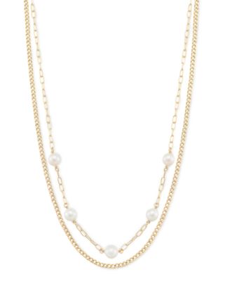 Macy's - Cultured Freshwater Pearl (6.5-7mm) Paperclip & Curb Link 2-Row Necklace in 14k Gold over Sterling Silver