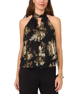 MSK - Petite Floral Metallic Sleeveless Keyhole Top