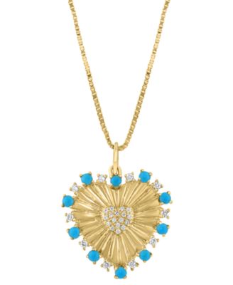 EFFY Collection - Turquoise & Diamond (1/8 ct. t.w.) Sunray Heart 18" Pendant Necklace in 14k Gold