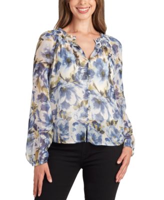 BCX - Juniors' Sheer-Print Long-Sleeve Button-Front Blouse