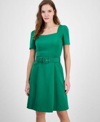Donna Ricco - Women's Square-Neck Belted Short-Sleeve Dress