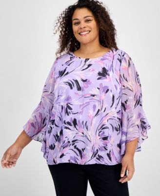 Kasper - Plus Size Printed Ruffle-Sleeve Blouse
