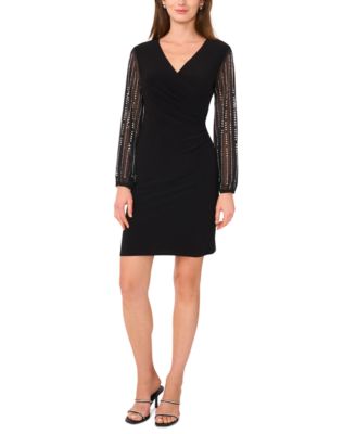 MSK - Women's Surplice-Neck Beaded-Long-SLeeve Shift Dress