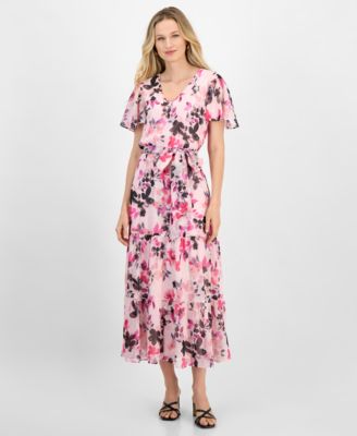 Kasper - Women's Floral Chiffon Belted Flutter-Sleeve Dress
