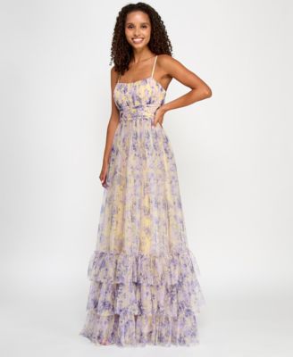 City Studios - Juniors' Printed Tulle Ruffle-Hem Gown