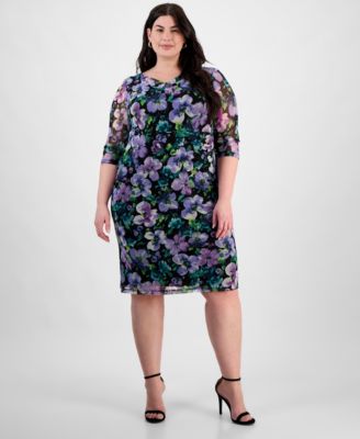 Connected - Plus Size Printed Mesh 3/4-Sleeve Sheath Dress