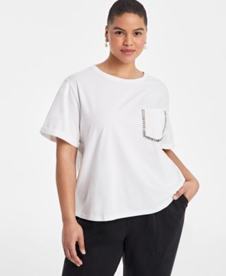 On 34th - Trendy Plus Size Rhinestone-Trim Pocket T-Shirt
