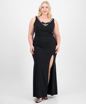 City Studios - Trendy Plus Size Rhinestone-Trim V-Neck Sleeveless Gown