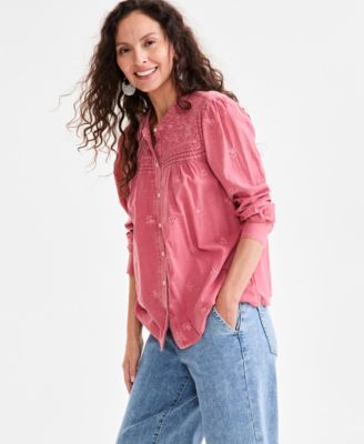 Style & Co - Women's Washed Embroidered Cotton Button-Front Top