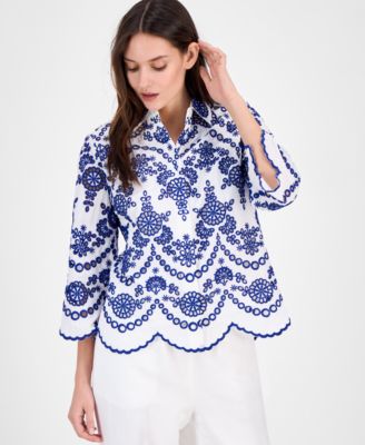 Anne Klein - Women's Cotton Eyelet Scalloped Shirt