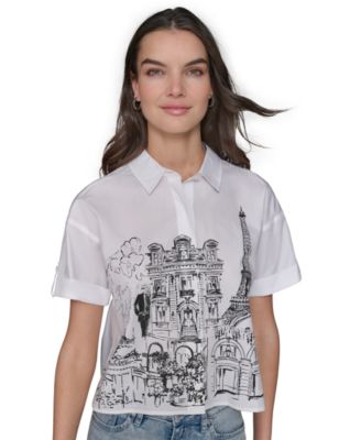 KARL LAGERFELD PARIS - Petite City Scene Crop Poplin Shirt