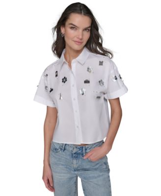 KARL LAGERFELD PARIS - Petite Cotton Button-Front Embellished Shirt