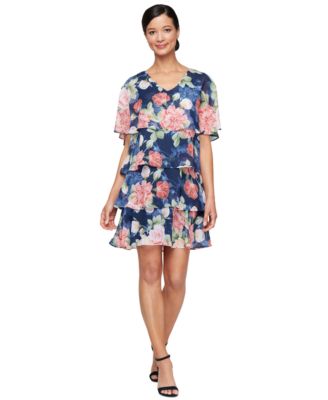 SL Fashions - Women's Floral Cape-Overlay Tiered Dress