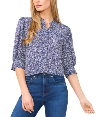 CeCe - Women's Printed Open-Collar Elbow-Sleeve Top
