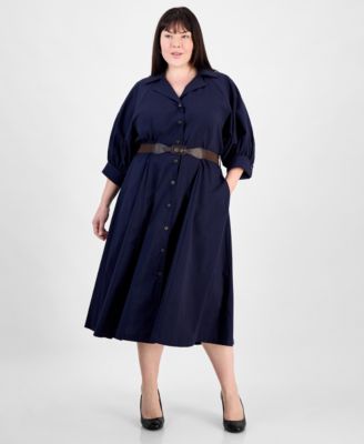 Sandra Darren - Plus Size Button-Down 3/4-Sleeve Belted Dress