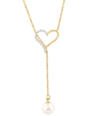 EFFY Collection - Cultured Freshwater Pearl (6-1/2mm) & Diamond (1/6 ct. t.w.) Heart 18" Lariat Necklace in 14k Gold