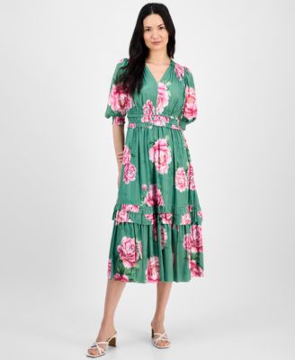 T Tahari - Women's Printed V-Neck Fit & Flare Ruffle Dress