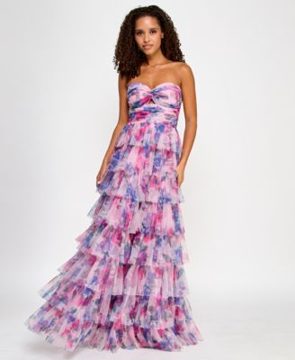 BCX - Juniors' Floral Print Ruffled Strapless Gown