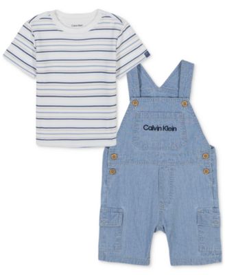 Calvin Klein - Baby 2-Pc. Set Striped T-Shirt & Denim Cargo Shortall