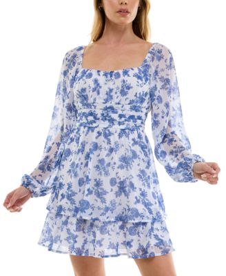 Trixxi - Juniors' Floral Print Chiffon Blouson-Sleeve Fit & Flare Dress