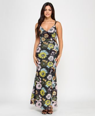 Morgan & Company - Juniors' Floral Sequin V-Neck Sleeveless Gown
