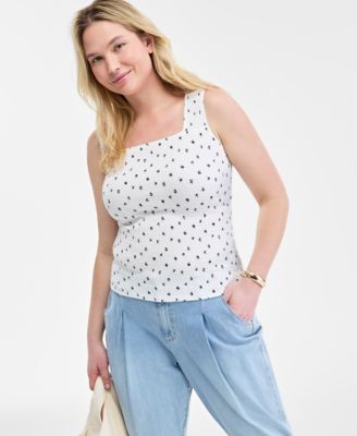 On 34th - Women's Knit Floral Smocked Square-Neck Tank Top
