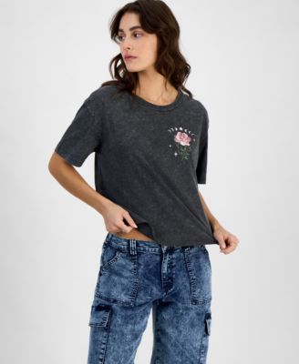 Rebellious One - Juniors' Rose Graphic Crop T-Shirt