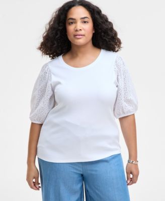 On 34th - Trendy Plus Size Eyelet-Sleeve Rib-Knit Top, Exclusively at Macy's