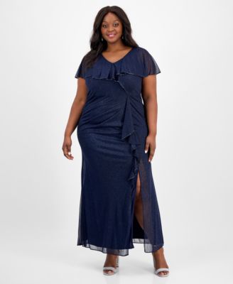 SL Fashions - Plus Size V-Neck Caplet Ruffled Glitter Dress