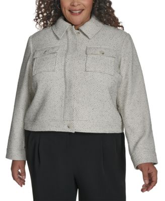 DKNY - Plus Size Cropped Long-Sleeve Tweed Trucker Jacket