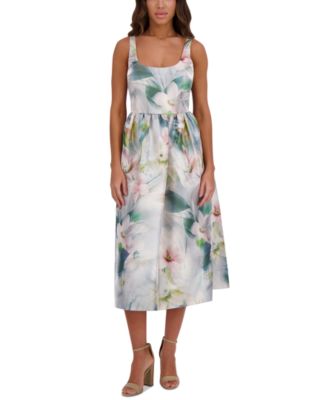 kensie - Women's Printed Shimmer Twill Scoop-Neck Midi Dress