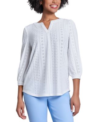 Jones New York - Petite 3/4-Sleeve Embroidered Eyelet Top