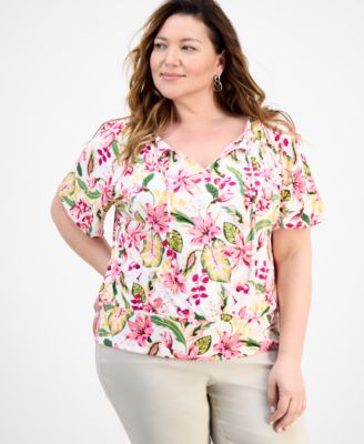 JM Collection - Plus Size Bali Blossoms Blouson Top