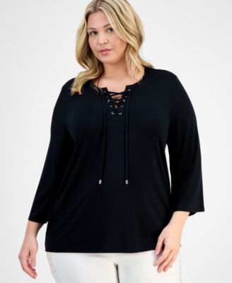 JM Collection - Plus Size Lace-Up Split-Neck Top