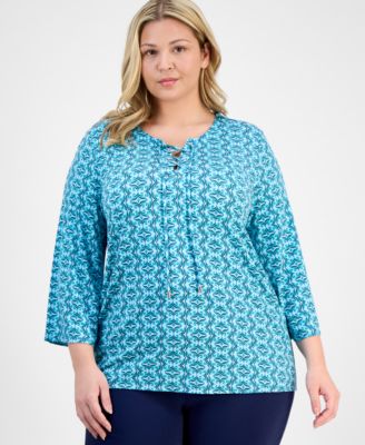 JM Collection - Plus Size Printed Lace-Up Split-Neck Top
