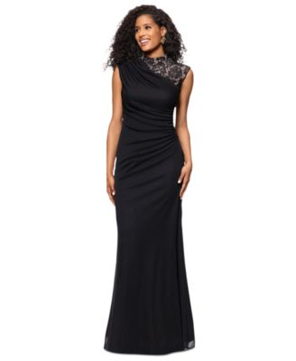 B&A By Betsy and Adam - Women's Lace-Trim Ruched Jersey Gown