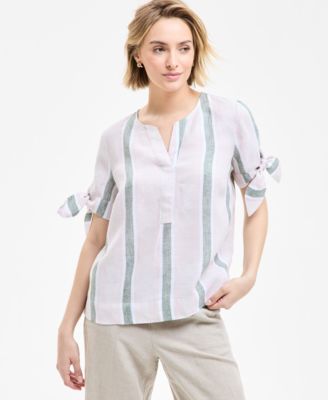 Charter Club - Women's Linen Striped Tie-Cuff Top
