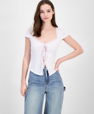 Just Polly - Juniors' Lace Trimmed Tie-Front T-Shirt