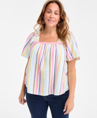 Style & Co - Plus Size Smocked Square-Neck Cotton Short-Sleeve Top