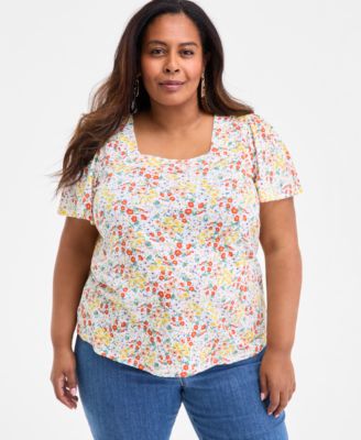 Style & Co - Plus Size Ditsy Square-Neck Short-Sleeve Top
