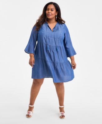 Style & Co - Plus Size Split-Neck Tiered Flutter-Sleeve Dress