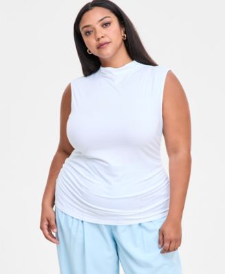 Bar III - Trendy Plus Size Sleeveless Mock-Neck Jersey Ruched Top
