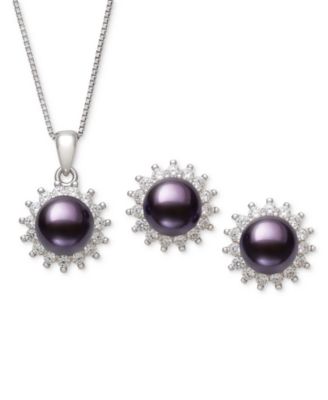 Belle de Mer - Dyed Black Peacock Cultured Freshwater Pearl (6-7mm) & Lab-Created Sapphire (1-3/4 ct. t.w.) Pendant Necklace & Stud Earrings Set in Sterling Silver (also in Blush Pink)