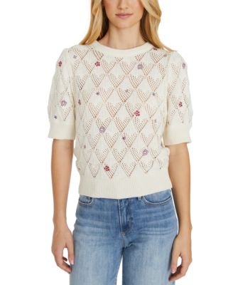 Driftwood - Women's Artistic Floral Puff-Short-Sleeve Sweater