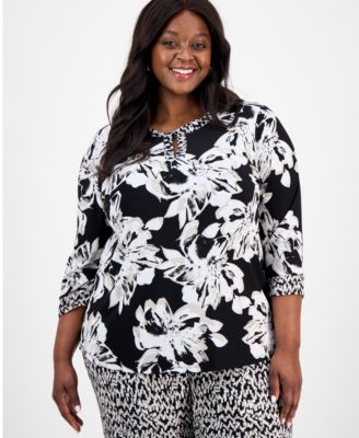 Kasper - Plus Size Printed 3/4-Sleeve Twist-Neck Blouse
