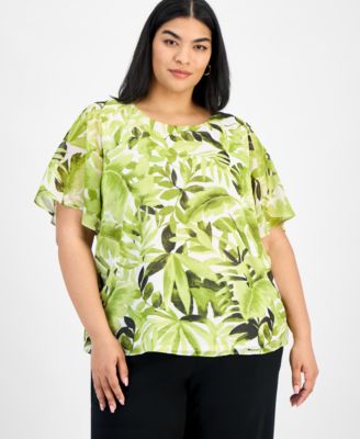 Kasper - Plus Size Printed Flutter-Sleeve Blouse