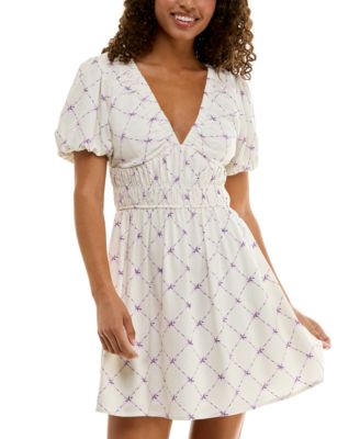 Trixxi - Juniors' Puff-Sleeve Surplice Ruched Fit & Flare Dress