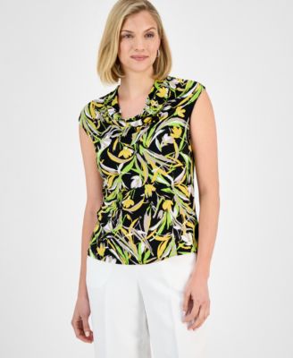 Kasper - Women's Floral-Print Cowlneck Cap-Sleeve Top