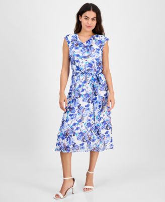 AK Anne Klein - Petite Printed Tie-Waist Cap-Sleeve Midi Dress